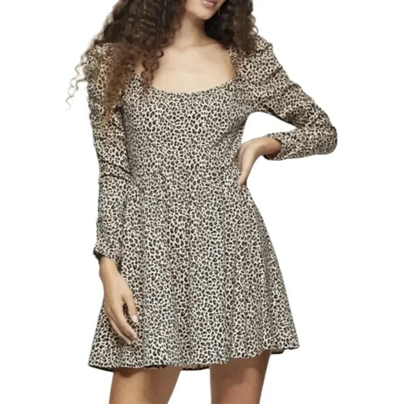 Topshop Brown Animal Print Scoop Neck Fit & Flare Mini Dress 4 - Picture 1 of 4